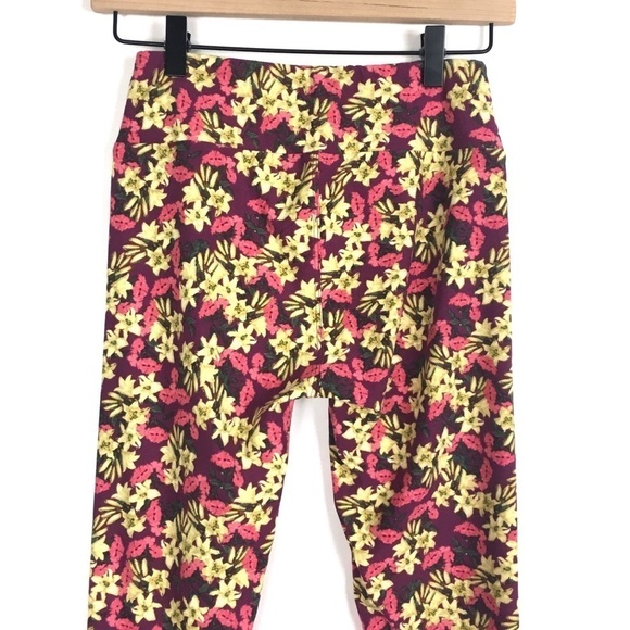 LULAROE Leggings OS One Size Floral Flowers Purple Pink Green Yellow Retro Mod - Picture 5 of 9